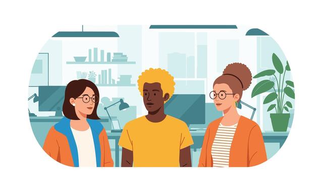 Diverse Professionals Collaborating in Modern Office Environment Teamwork, Communication, and Diversity in the Workplace, Featuring Three Individuals in a Modern Workspace vector