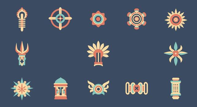 Aztec and Mesoamerican Style Symbols and Icons in Flat Design with an Earthy Color Palette on a Dark Blue Background vector