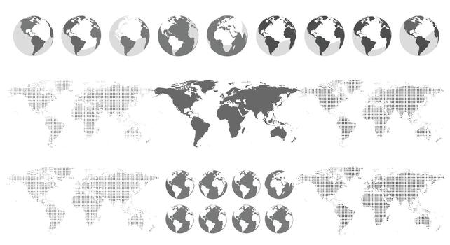 Global Representation Grey World Map and Earth Globe Icons with Dot Patterns Depicting Continents for Data Visualization and International Concepts vector