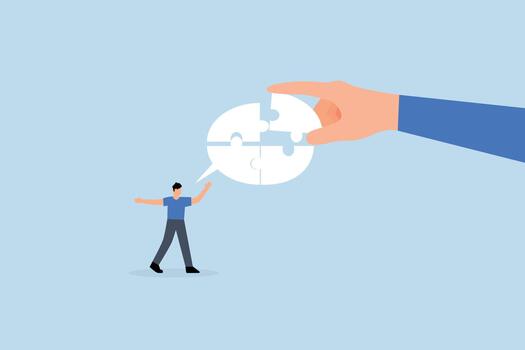 Complete communication speech bubble, businessman hand help connect jigsaw on speech bubble vector