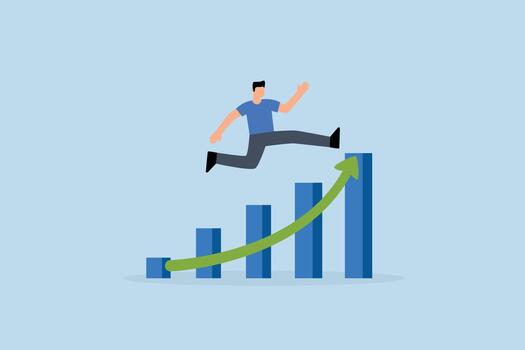 Leap forward, businessman leap forward jump over growth rising graph vector