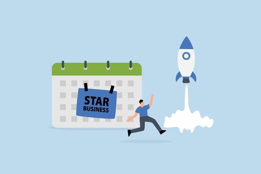 Start new business, businessman launch rocket with calendar start date vector