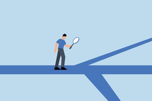 Finding career path, businessman analyze career path with magnifying glass vector