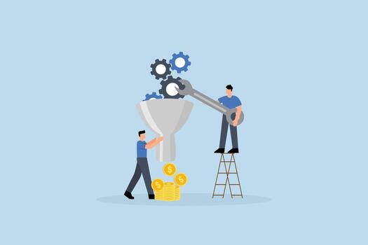 Optimization to improve result, businessman using wrench to optimize process better performance. vector