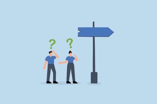 Doubt, business people think with question mark to go right way vector