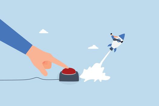 Launch startup rocket, businessman hand push start to launch startup rocket vector