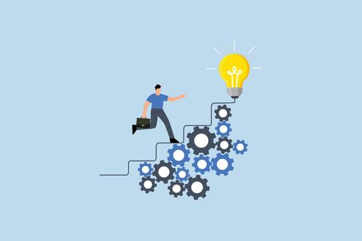 Best practices development, entrepreneur ascending stairs on a gear mechanism vector