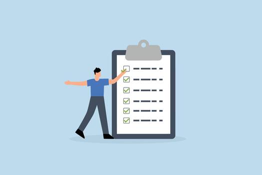 Complete checklist, businessman marks check on finished checklist on paper clipboard vector