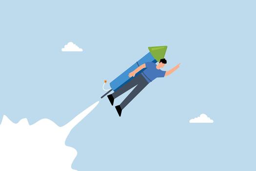 Boost business growth, businessman flying high with fast firework in the sky vector