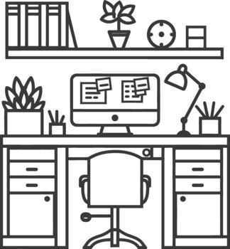 Office desk with computer, bookshelf and plants vector