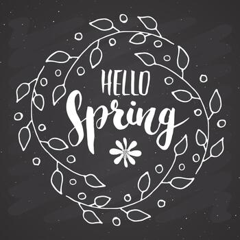 Hola primavera texto en pizarra con guirnalda vector