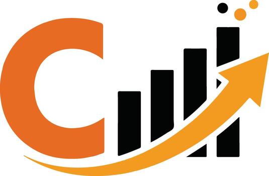 C initial logo combined with a rising bar graph and upward arrow symbolizing business growth, company progress, and data analysis. vector