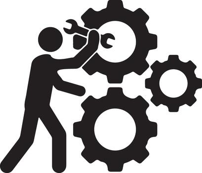 Person adjusting a large gear with a wrench, symbolizing mechanical maintenance, system optimization, repair, and industrial process management. vector