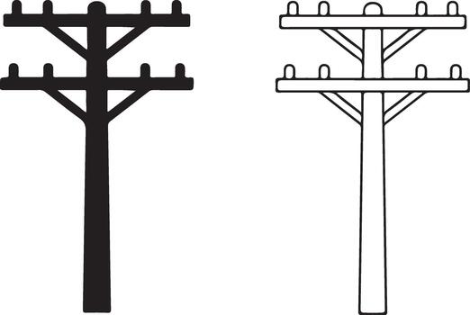 Utility pole icon set solid and outline versions, representing electricity transmission, power lines, and communication infrastructure elements. vector
