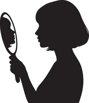 Silhouette of a woman looking at her reflection in a handheld mirror, contemplating self-image, identity, and personal perception. vector