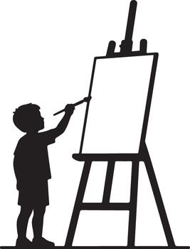 Child's silhouette painting on a blank canvas easel with a paintbrush, symbolizing imagination, creativity, and artistic expression vector