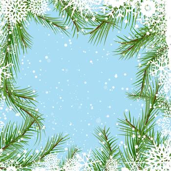 Christmas background with fir tree branches and snowflake border vector