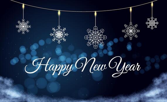 Delicate snowflake decorations dangle from a string of lights in a serene winter scene, surrounded by soft blue hues and a hint of fog, creating a magical atmosphere. vector