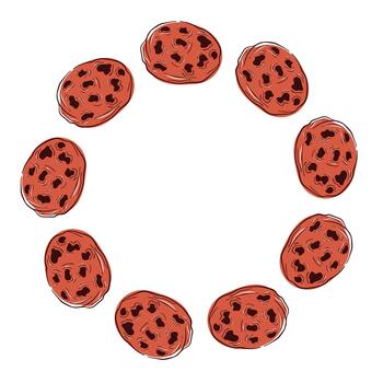 Chocolate chip cookie wreath in flat style. Crunch homemade biscuit design for bakery menu, cafe isolated on a white background. vector