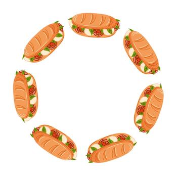 Wreath with baguette sandwich with fresh tomatoes, mozzarella cheese and basil leaves in flat style. Design for breakfast menu card, grocery isolated on a white background. vector