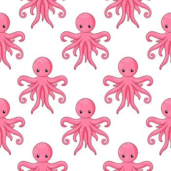Octopus seamless pattern in cartoon style. Design for summer print on a white background. vector
