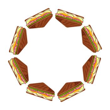 Wreath with sandwich with fresh vegetables, cheese and meat in flat style design for menu or advertisements. Illustration isolated on a white background. vector