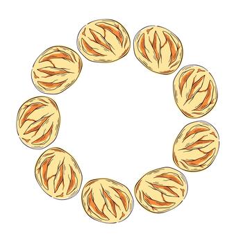 Round Bread wreath in flat style. Design for bakery menu isolated on a white background. vector