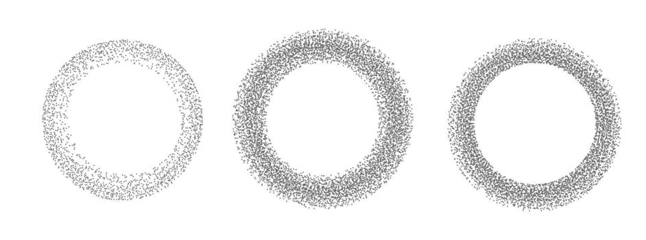 Gradient dot round frames set isolated on white background. realistic illustration of dotwork rings with grainy halftone texture, black paint spray radial figure, grungy sand art elements vector