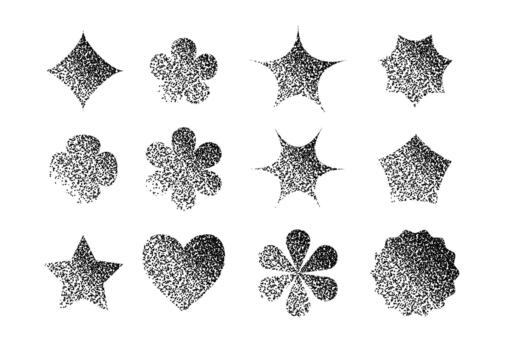Retro grain gradient geometric shapes set. Y2k noise circle, star, flower, star forms. Black dotted spark icons on white background. Trendy effect textured figures. gritty illustration. vector