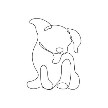 retriever puppy sits playfully with its tongue hanging out - one continuous line. Minimalistic drawing of a cute little dog vector