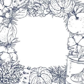 A Christmas wreath with pine branches, pine cones, tangerines, cotton candy, cookies, candle and berries. A hand-drawn line illustration. Square template with a frame for text and greetings. vector