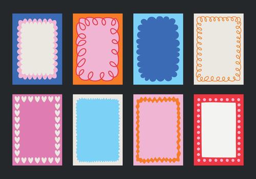 linda colección de mano dibujado resumen diseños, antecedentes, plantillas, ondulado fronteras, sencillo decoraciones y festivo marcos en varios formas para creando carteles, postales y volantes vector