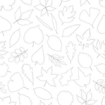 Seamless pattern with black line art leaves on white background, contour leaf of maple, linden, poplar, ginkgo, and others. Print for textile, package, paper. Illustration in minimal style vector