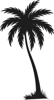 Black silhouette of a palm tree with spiky fronds and a curved trunk on a white background with grass at the base vector
