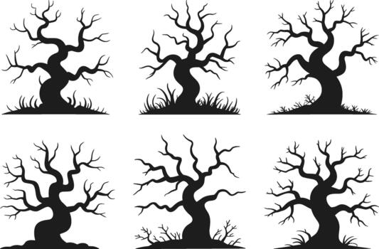 Haunted Bare Tree Silhouette Set - Twisted Branch Collection for Halloween vector