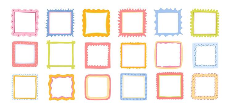 Cute square frames with scallop edges. Squiggle photo borders with zig zag edge. Wiggly groovy shapes, funky geometric text box frameworks. set vector