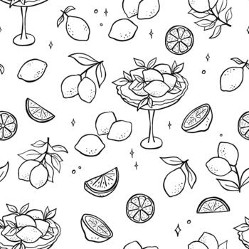 Seamless pattern with lemons in vase, hand drawn repeating background. Line art allover print vector