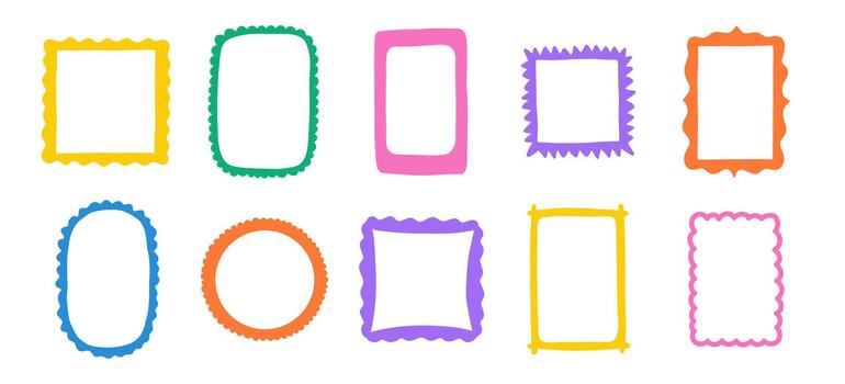 Cute square, oval and rectangle frames, scallop edges. Squiggle photo borders. Wiggly groovy shapes, funny geometric text box. set vector