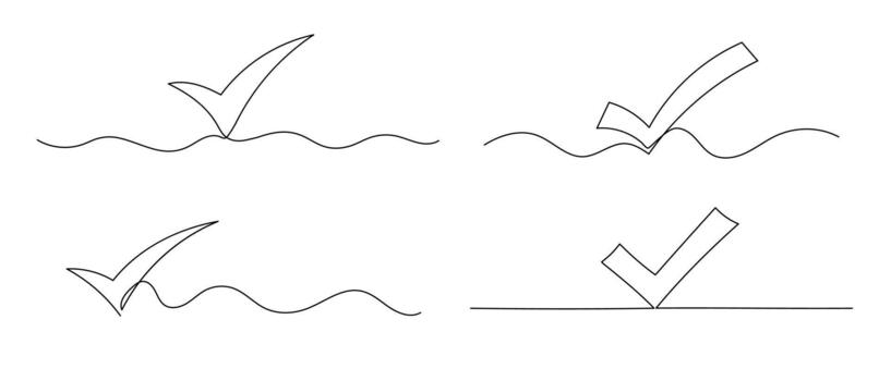 Checkmark one line illustrations set. Hand drawn continuous artwork isolated on white background. Line art collection vector