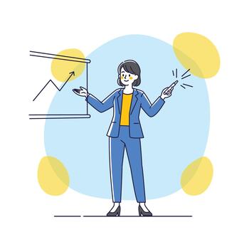 Flat design of a Businessperson Presenting Upward Line Graph with Pointer on Abstract Blue-Yellow Background vector