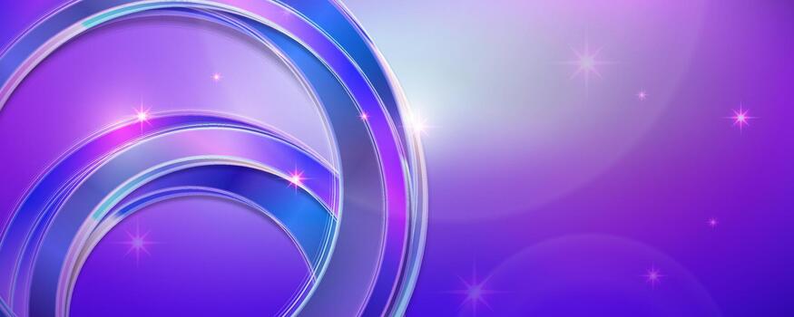 Purple and blue abstract background with shimmering metallic rings and sparkles vector