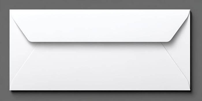 A simple blank white paper envelope with a subtle texture is shown from a top down perspective on a dark grey background photo