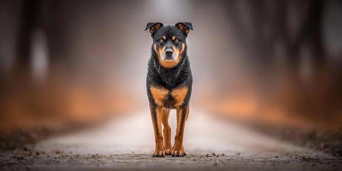 A black and tan dog stands on a dirt path looking directly at the viewer with an alert expression photo