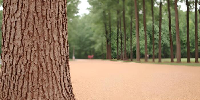 The textured bark of a tree stands prominently in the foreground with a blurred path and green forest in the background photo
