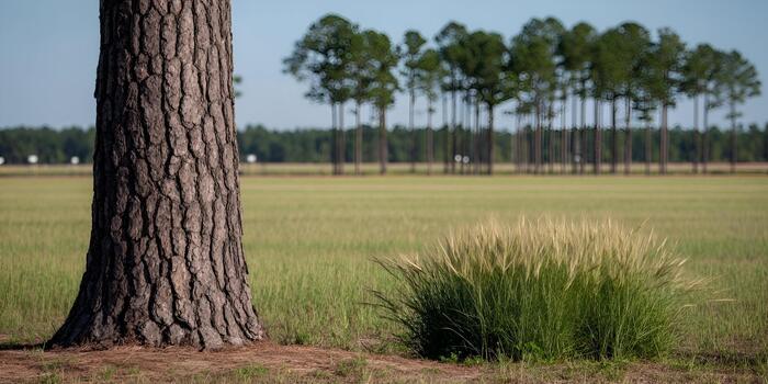 A detailed view of a pine tree trunk standing tall in an open green field with a distant line of trees under a clear blue sky photo