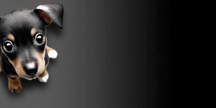 An adorable small black and tan puppy with wide curious eyes looks up directly at the viewer on a dark gray background with ample copy space photo