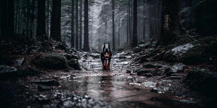 A powerful black Doberman dog with alert ears walks directly forward on a wet path in a dark moody forest photo