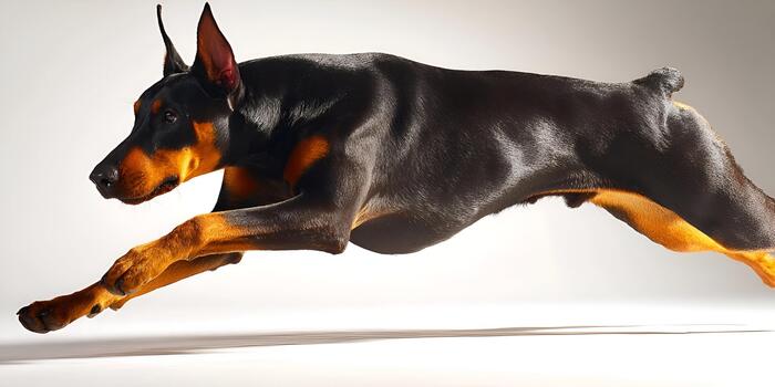 A powerful Doberman Pinscher dog with black and rust markings runs dynamically in midair against a bright studio background photo