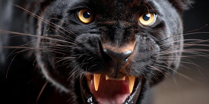 A fierce black panther roars aggressively showing its sharp fangs and intense golden eyes photo