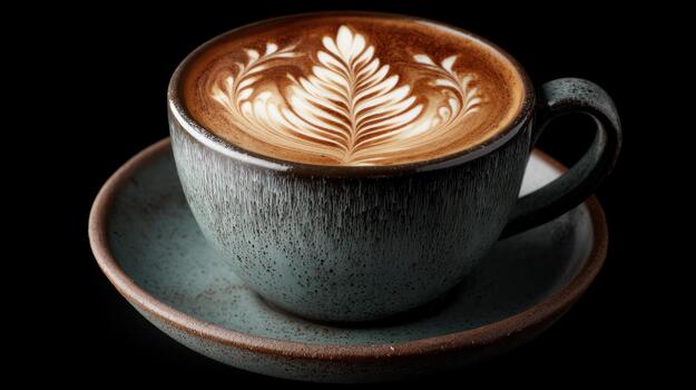 A beautifully crafted cup of coffee with intricate latte art featuring a delicate leaf pattern. The contrast of the dark background enhances the creamy textures and rich colors. photo
